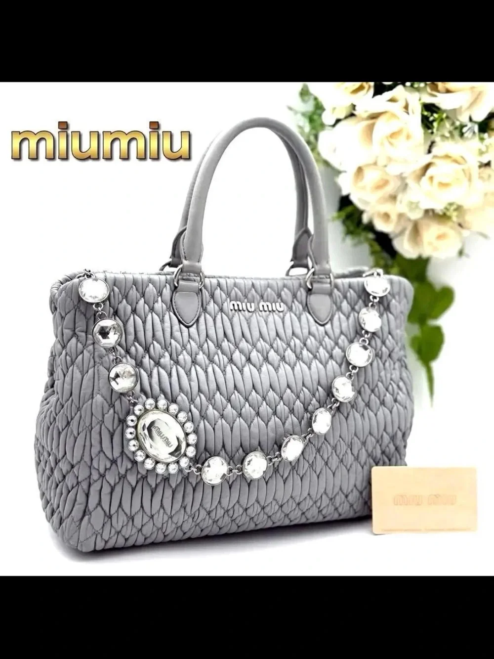 Miu Miu Silver-Gray Quilted Tote with Crystal-Embellished Chain